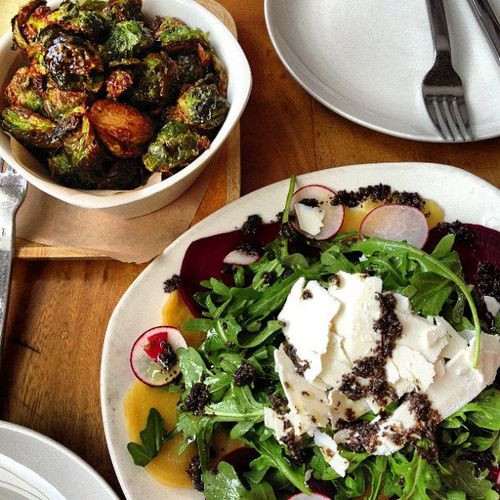 Delarosa's Fried Brussels Sprouts + Beet & Arugula Salad