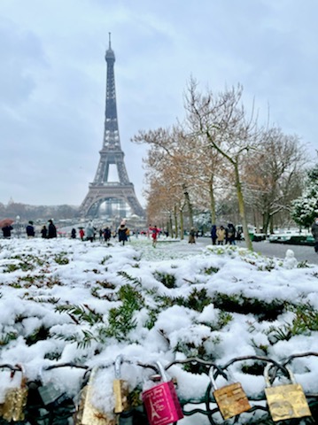 Snowing in Paris, France
